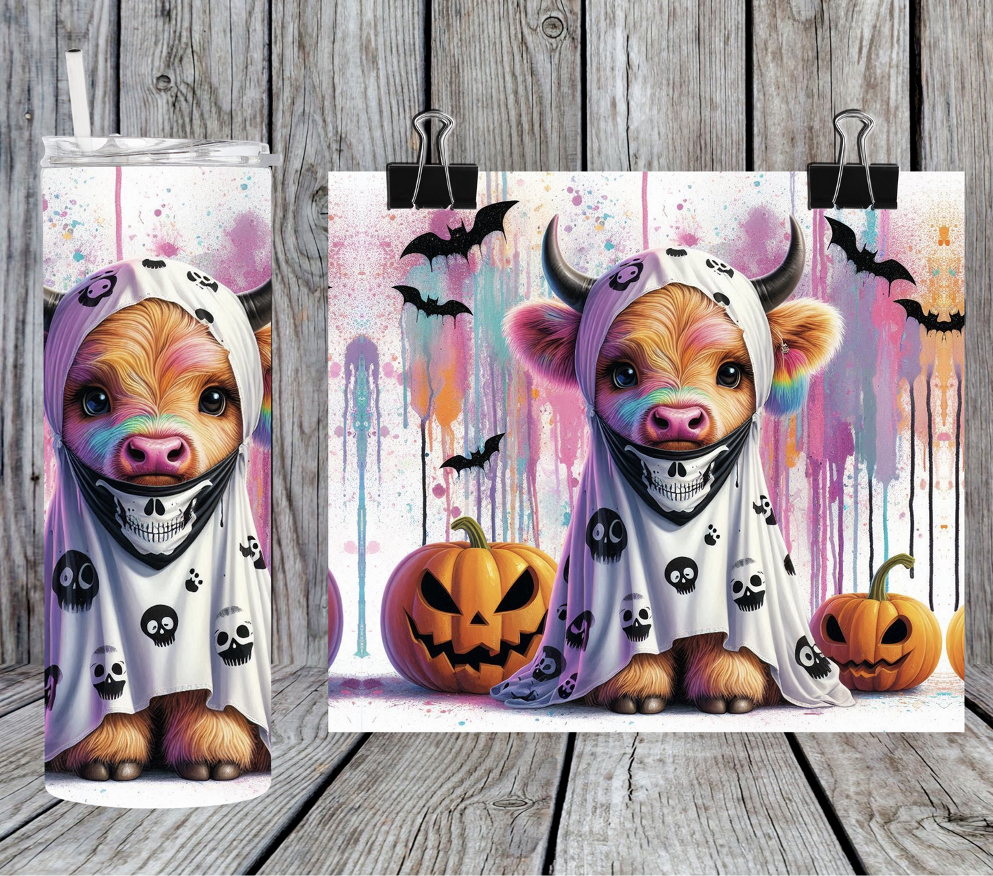 Halloween highland cow ghost skulls