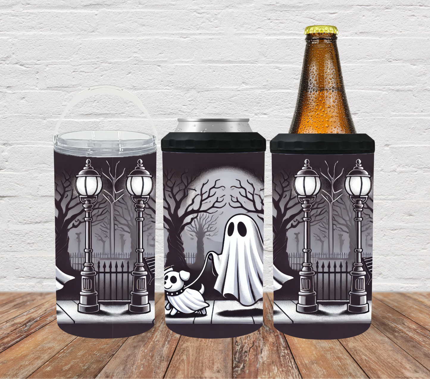 Halloween ghost walking dog