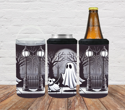 Halloween ghost walking dog