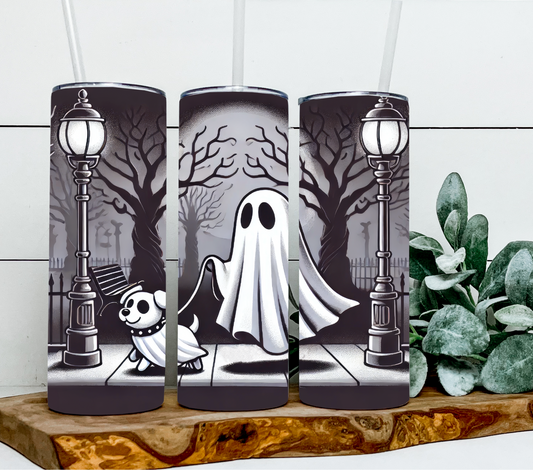 Halloween ghost walking dog