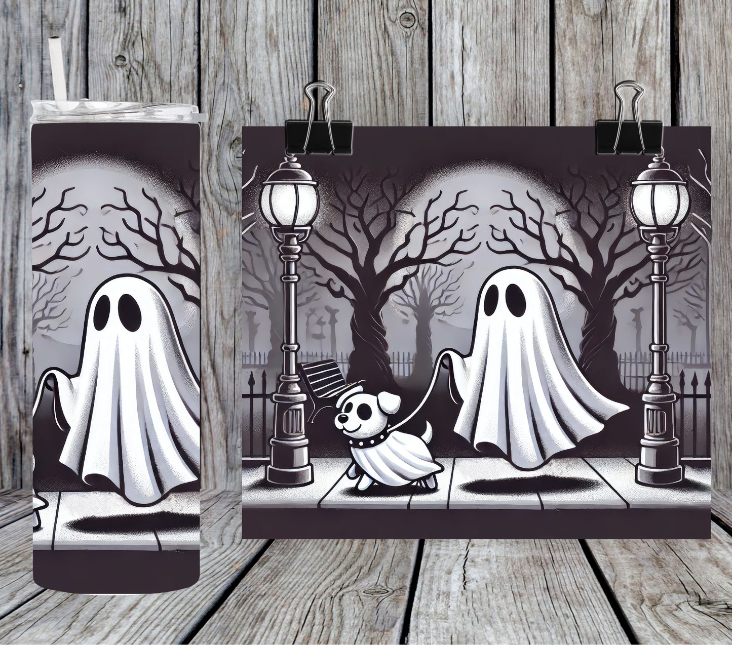 Halloween ghost walking dog