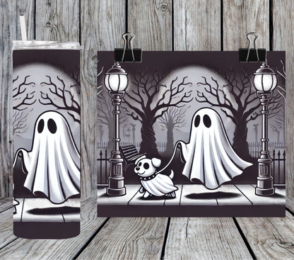 Halloween ghost walking dog