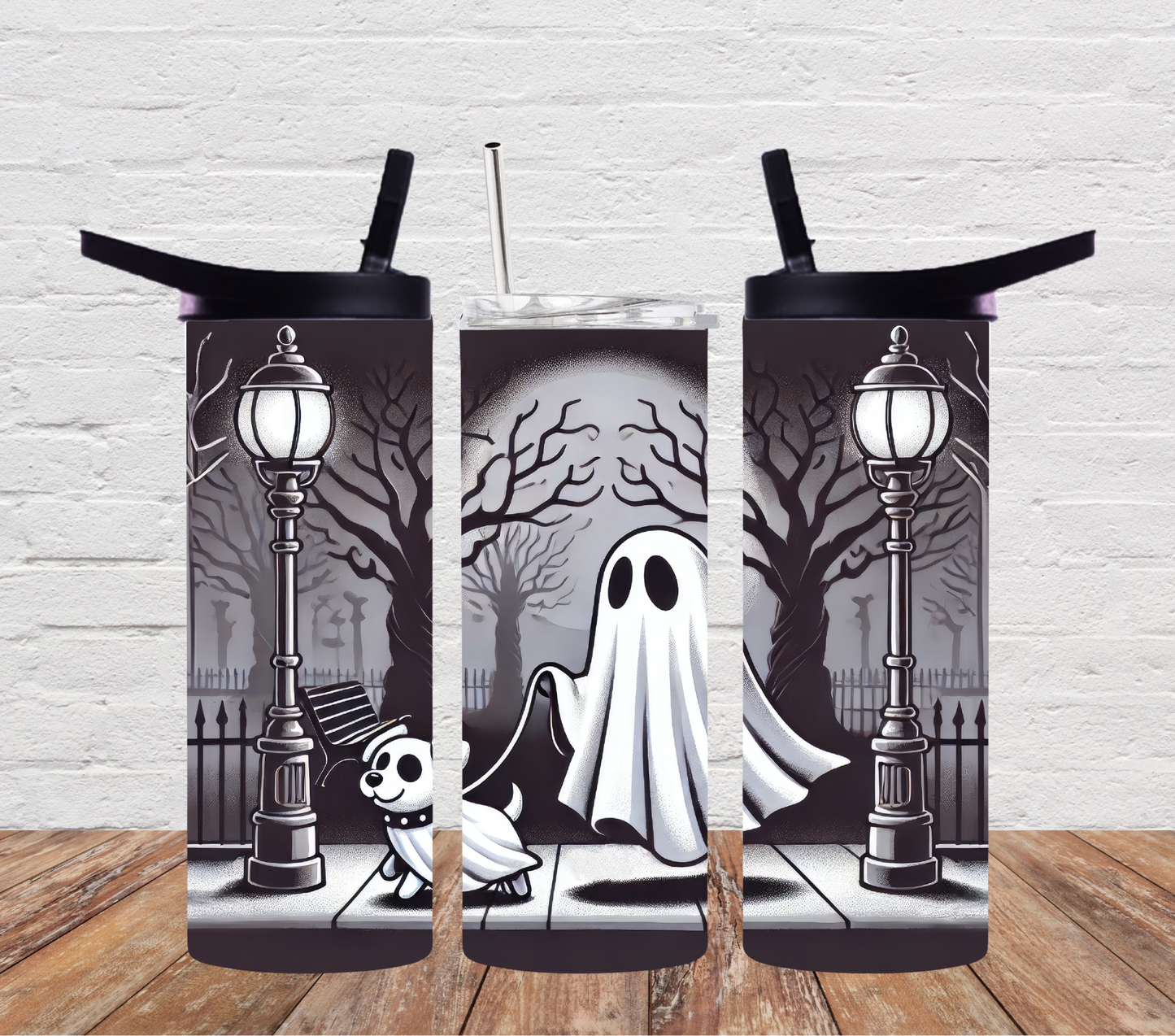 Halloween ghost walking dog