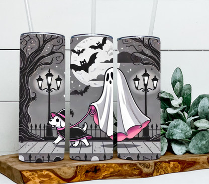 Halloween ghost walking witch dog