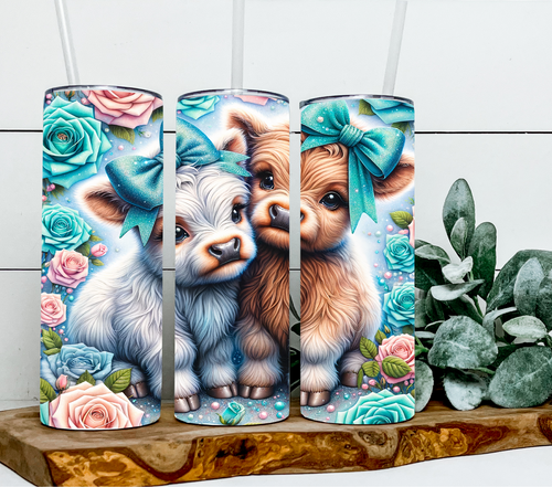 Highland cow duo blue floral