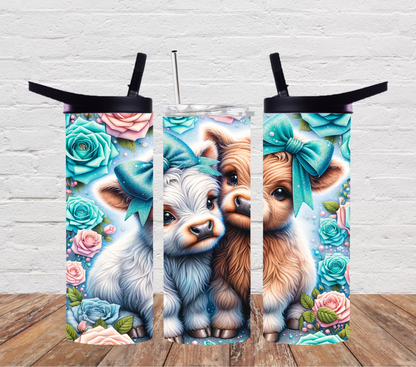 Highland cow duo blue floral
