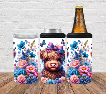 Highland cow with butterflies & flowers