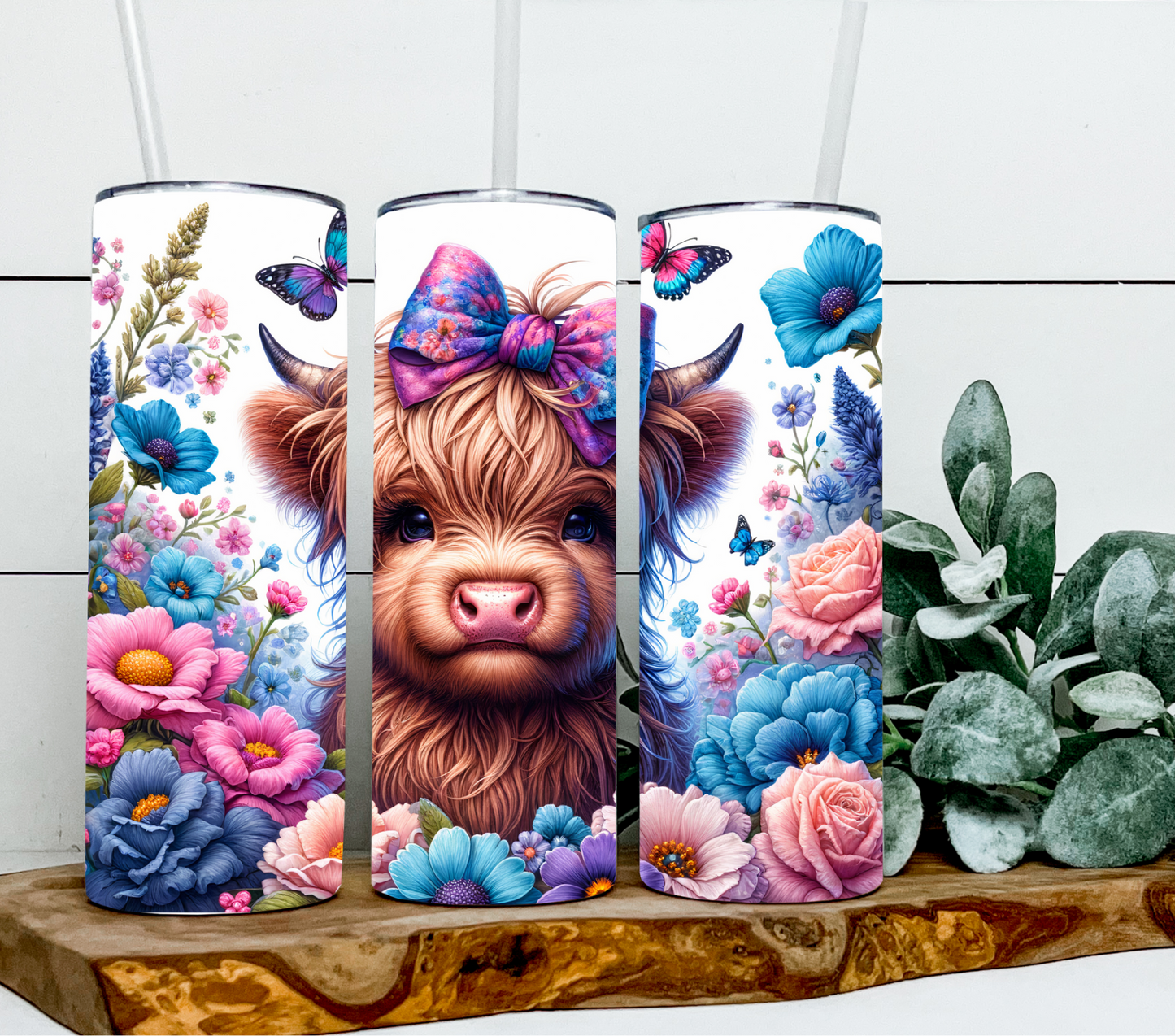 Highland cow with butterflies & flowers