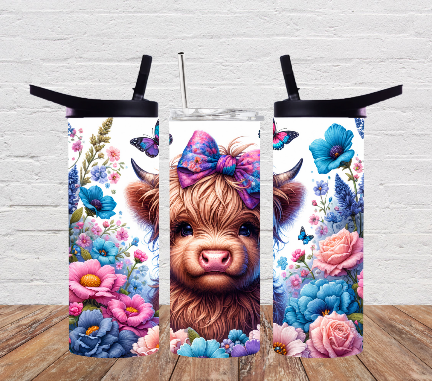 Highland cow with butterflies & flowers